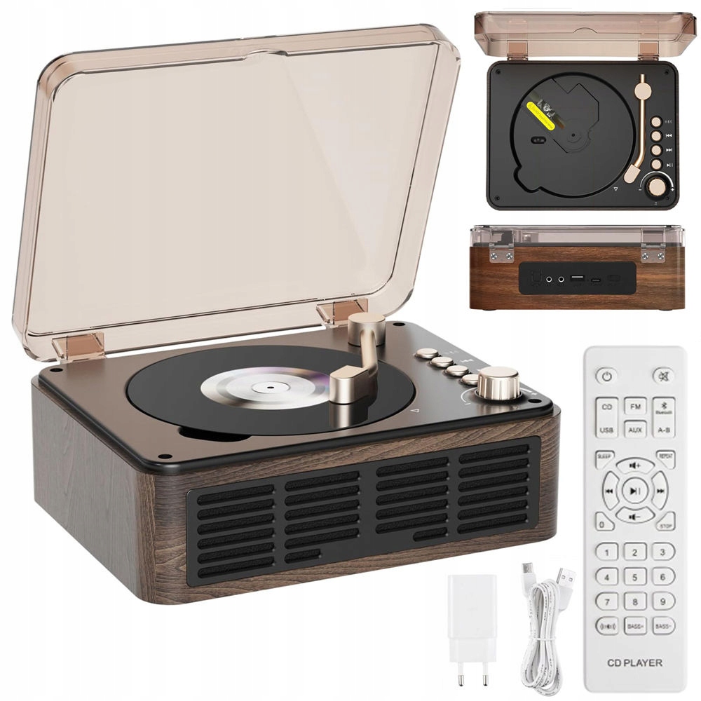 CD přehrávač z retro dřeva CD přehrávač Bluetooth Fm Aux Usb hnědý