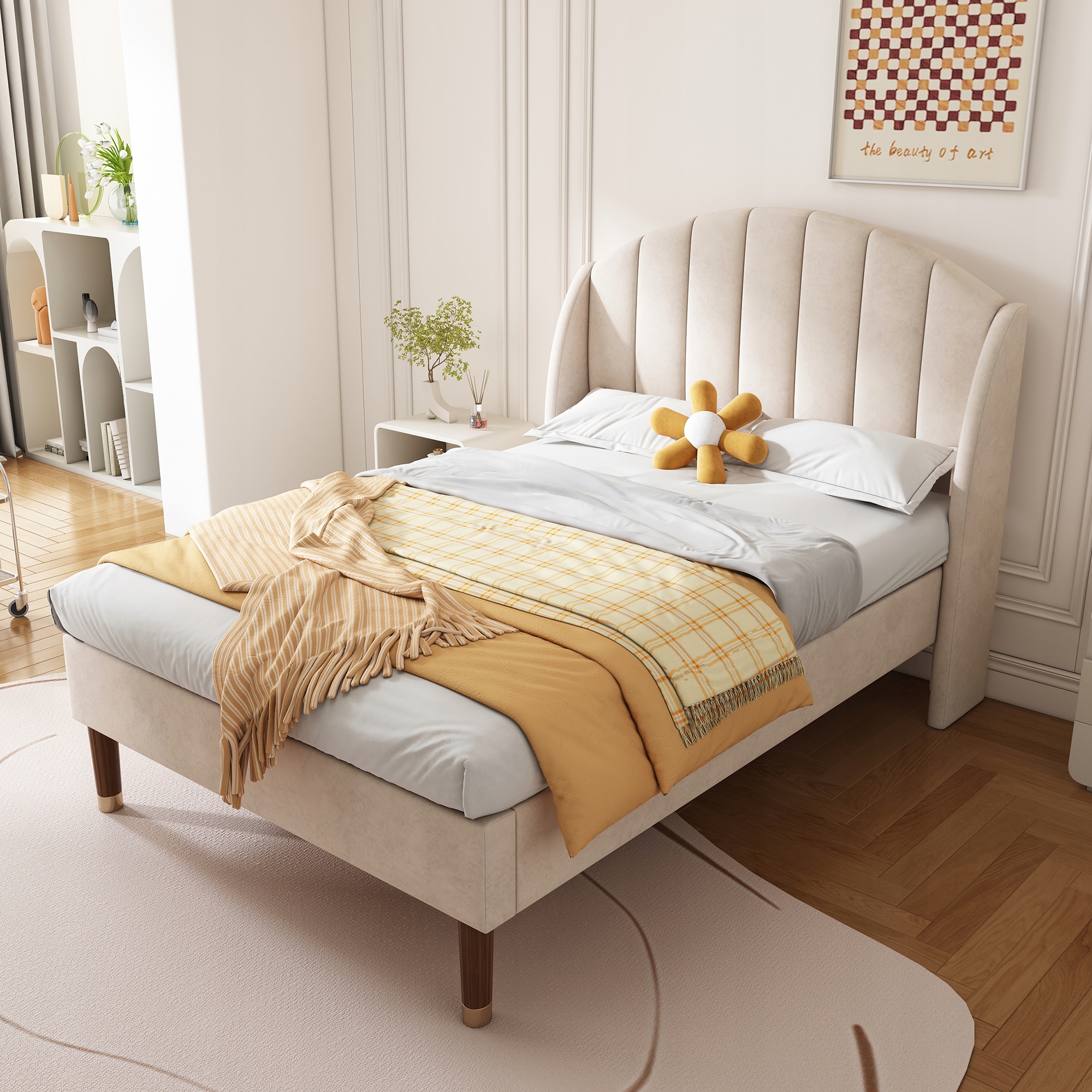 Postel pro mláděž 90 x 200 cm, čalouněná béžovými podlahovými lištami