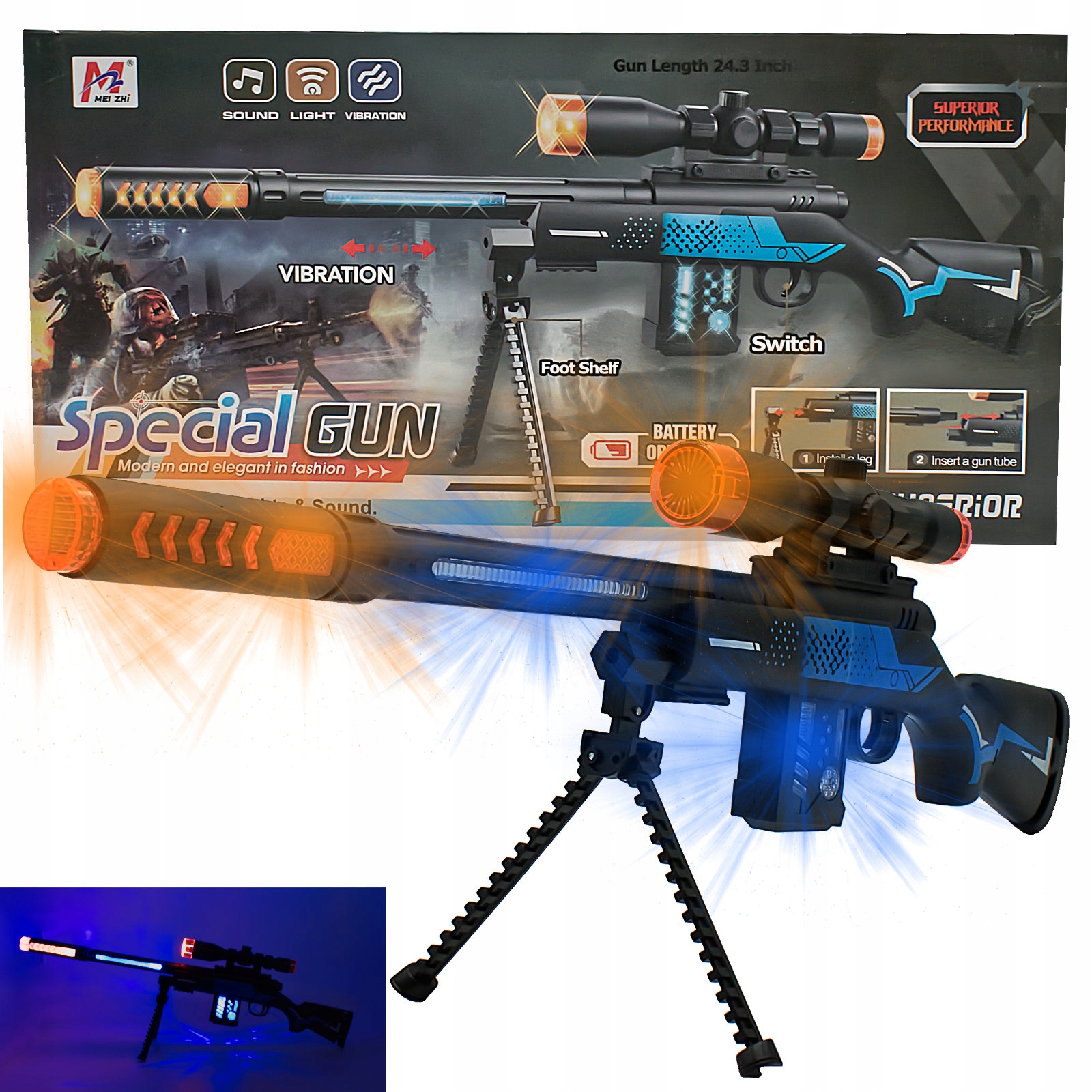 KARABIN ZABAWKA PISTOLET DLA DZIECI ŚWIATŁO DŹWIĘK PASEK NA RAMIĘ DUŻY