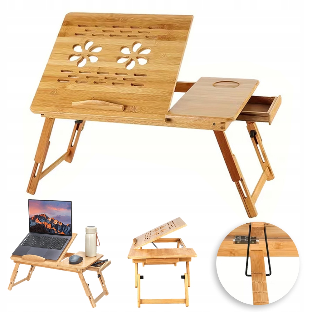 Regulovatelný skládací bambusový stolek pod notebook do postele s chlazením