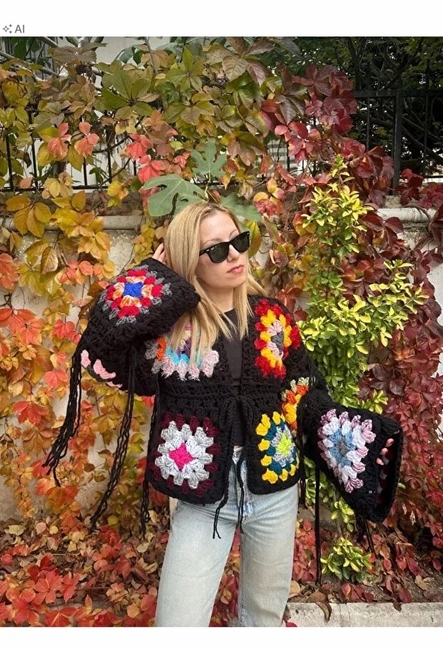 Ručně Pletený Černý Boho Svetr S Barevnými Čtverci M 5IA