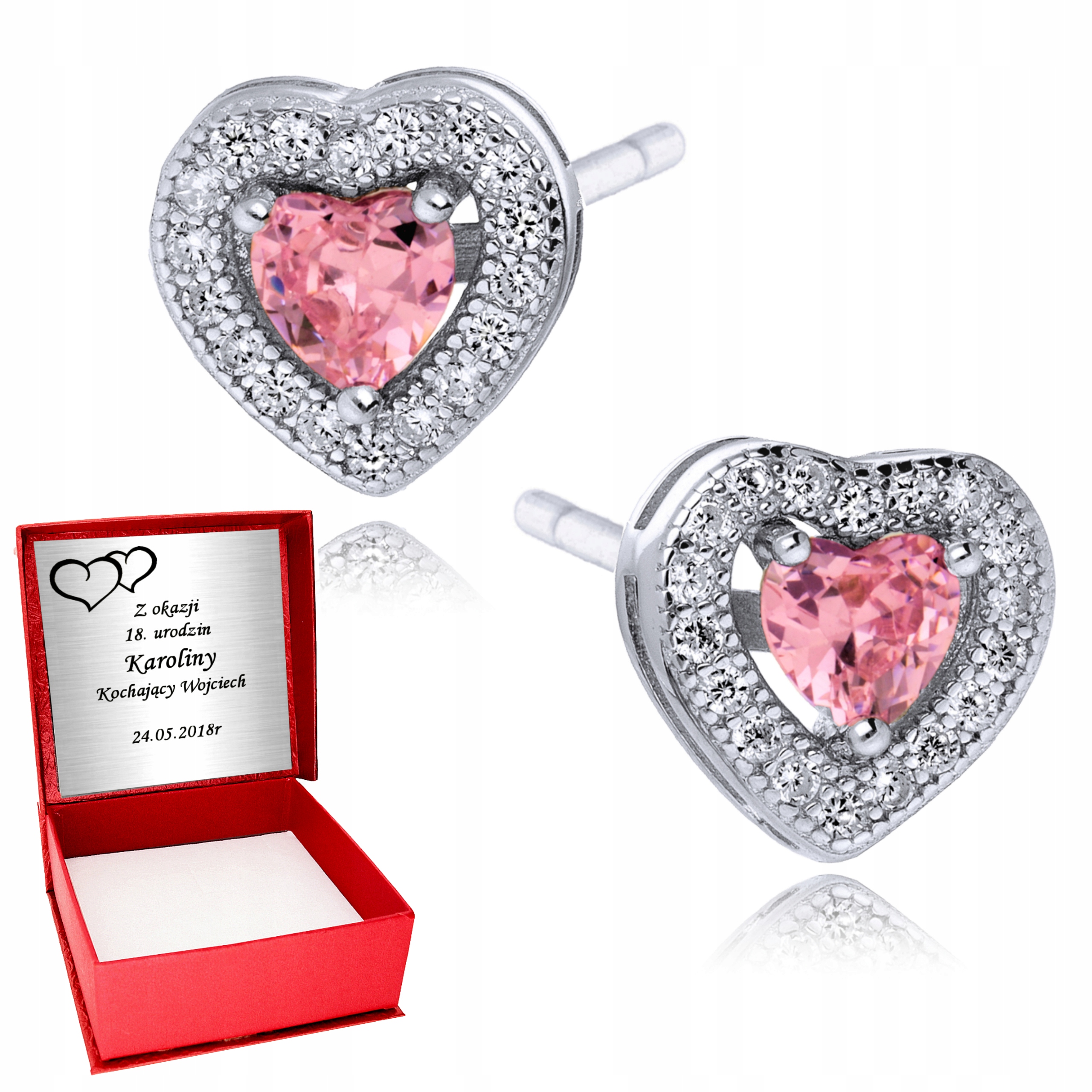 

Srerbne Kolczyki 925 Serca Serduszka Różowe Grawer