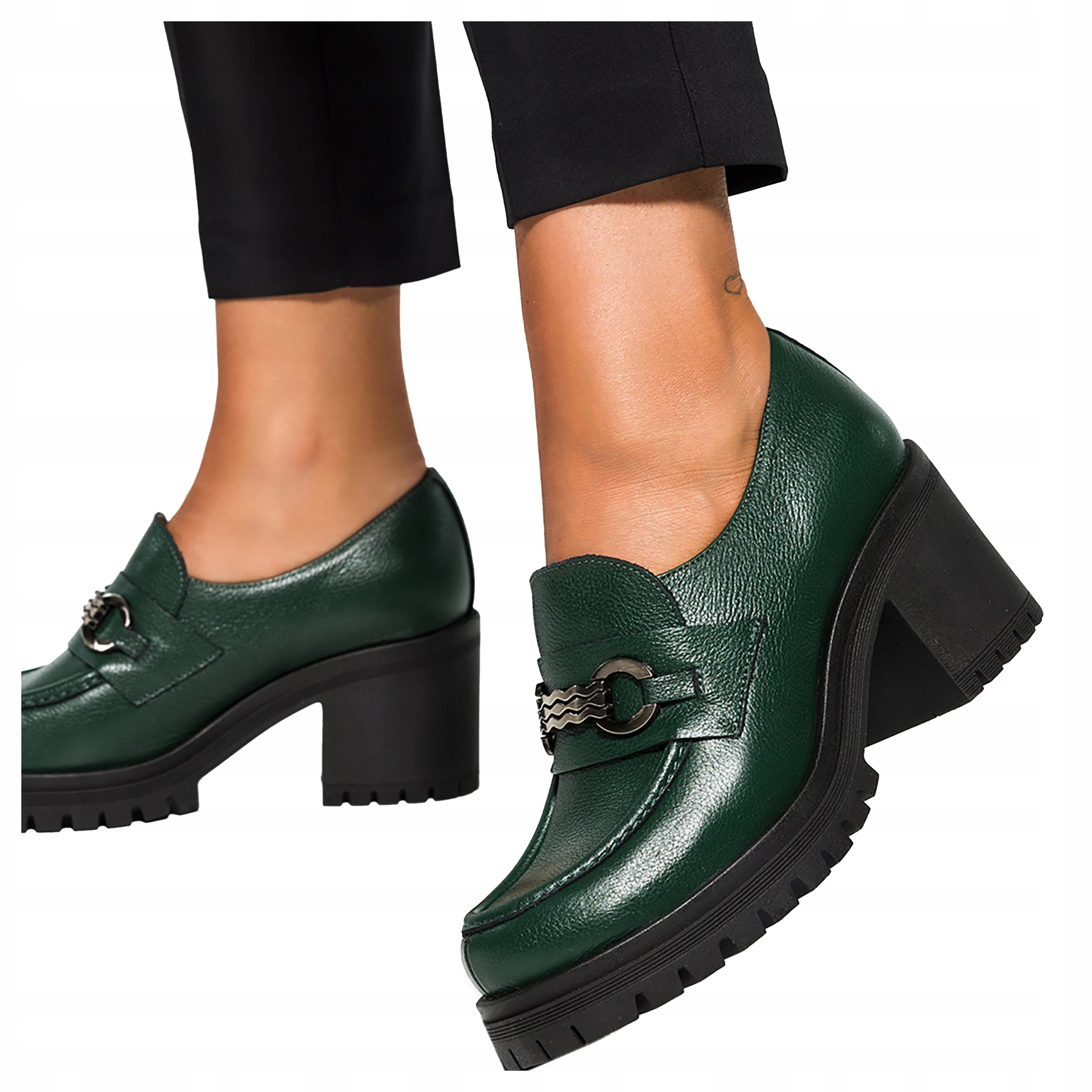 Zelené Dámské Kožené Mokasíny Na Širokém Podpatku, Polský Výrobek, velikost 39