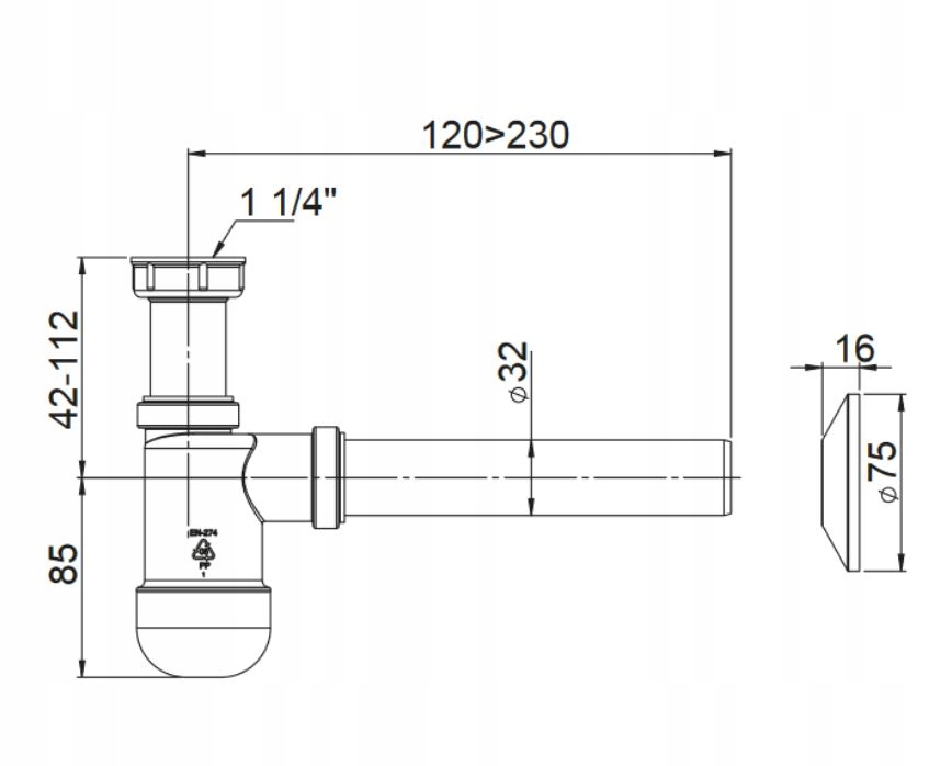 SYFON DO UMYWALKI niski SYFON UMYWALKOWY fi 32 mm Marka Prevex