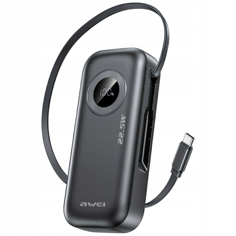 Awei powerbanka PA-9 10000mAh 22.5W s výsuvným kabelem černá/černá