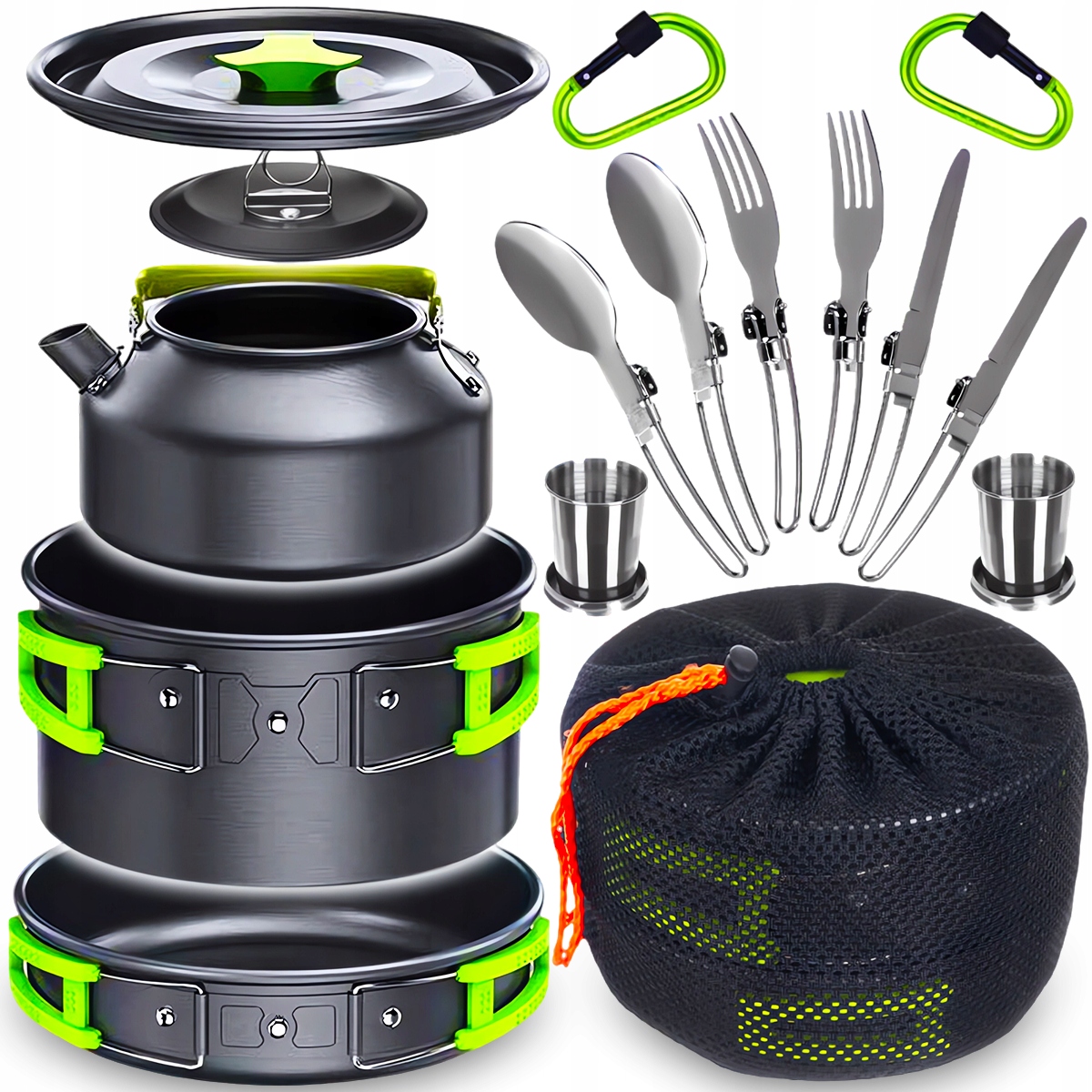 Naczynia Turystyczne Zestaw Garnków Sztućce Pod Namiot Biwak Czajnik XXL