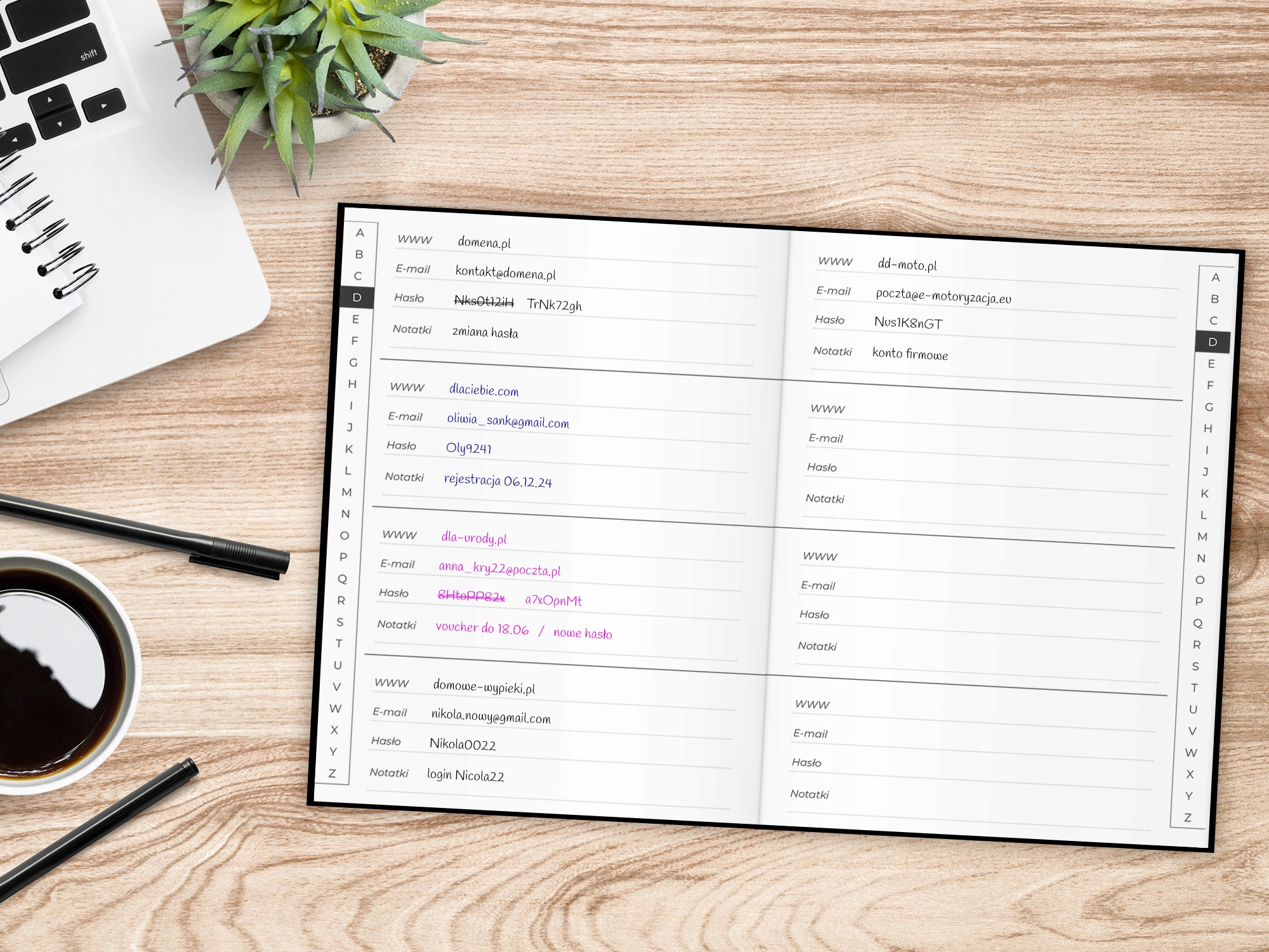 NOTES ORGAZNIER NA HASŁA INTERNETOWE NOTATNIK ZESZYT DOSTĘPY HASŁO PASSWORD Rodzaj notes