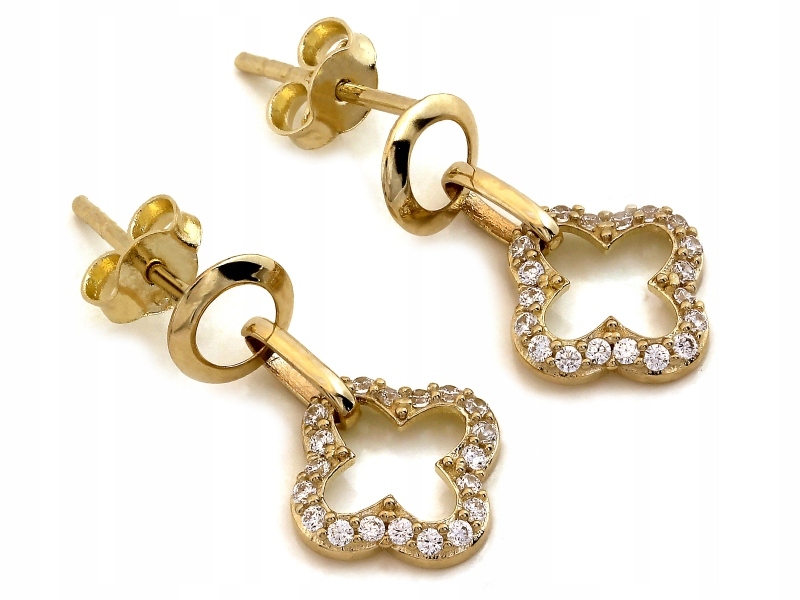 Zlaté náušnice 585 s kamínky a květinami, značkové, 14 karátů