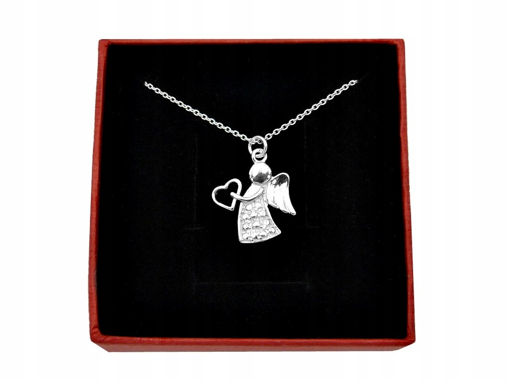 Srebrny naszyjnik aniołek z sercem + pudełko