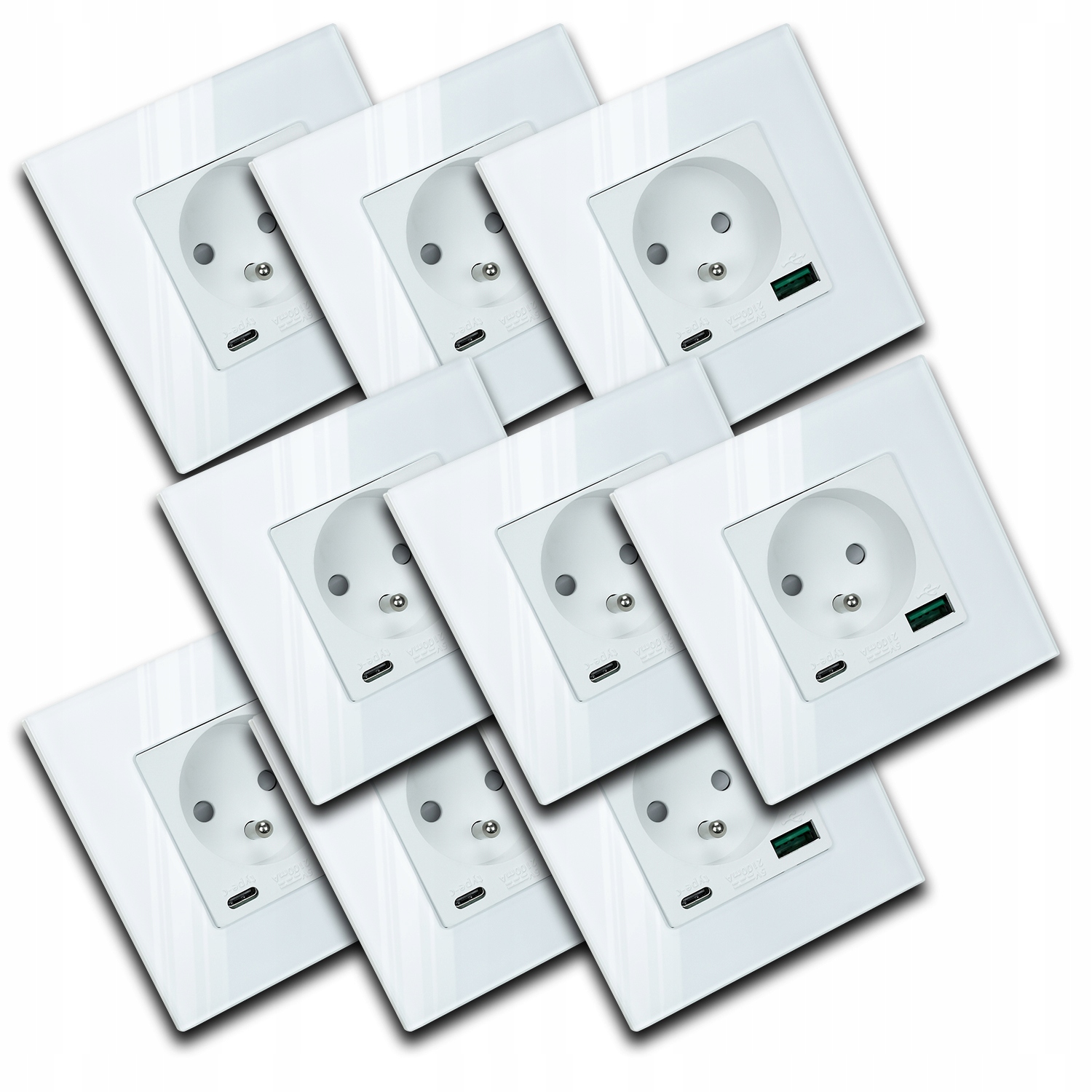 9x Skleněná Bílá Elektrická Zásuvka Kontakt Nástěnná Usb Nabíječka
