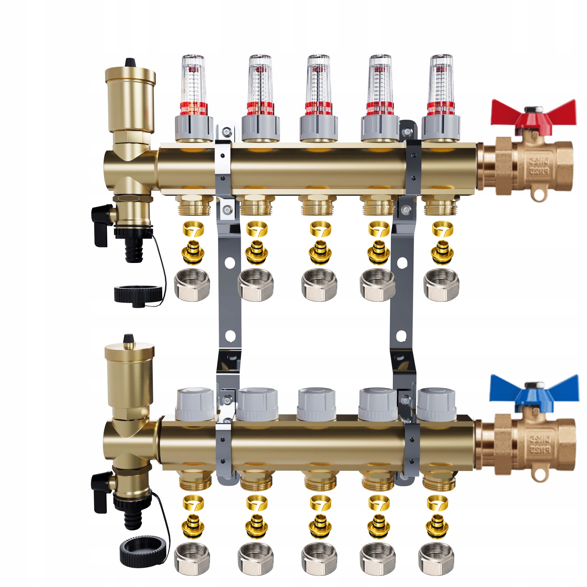 Rozdělovač pro podlahové vytápění – 5 okruhů jednoduché ventily Pex