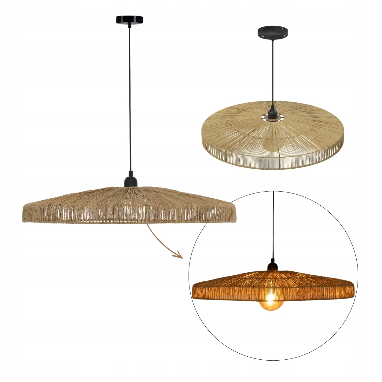 Pletená Závěsná Lampa 58 CM Nastavitelná Boho Etno Přírodní Juta Do Obývacího Pokoje