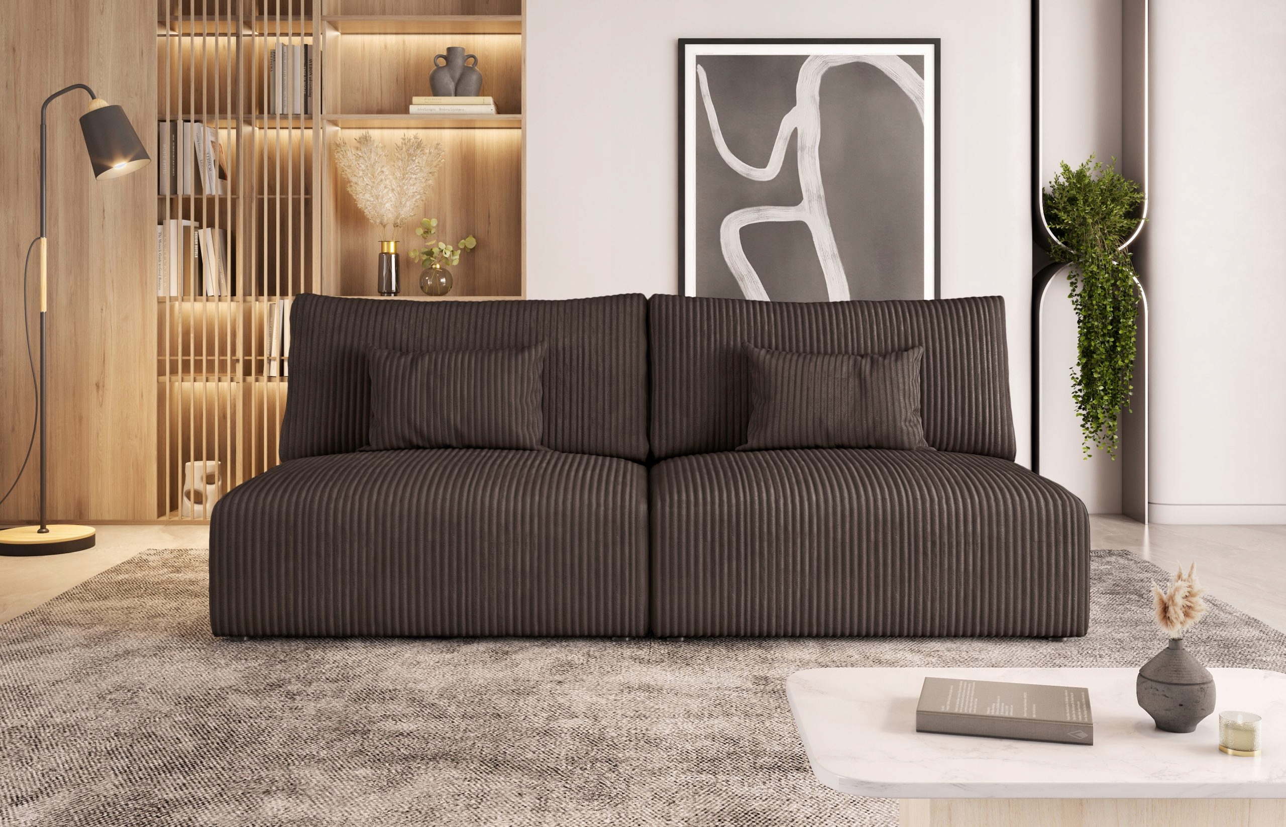 Hnědá rozkládací pohovka Modulo do pokoje pro mládež.