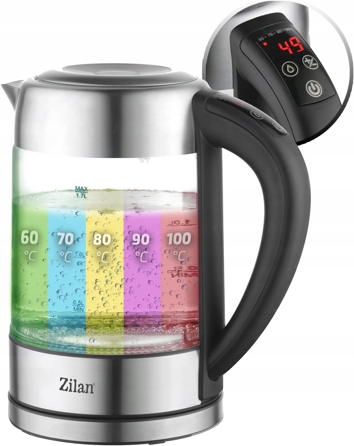 Skleněná Konvice 1.7 L 2200 W 5 Nastavení Regulace Teploty Moderní
