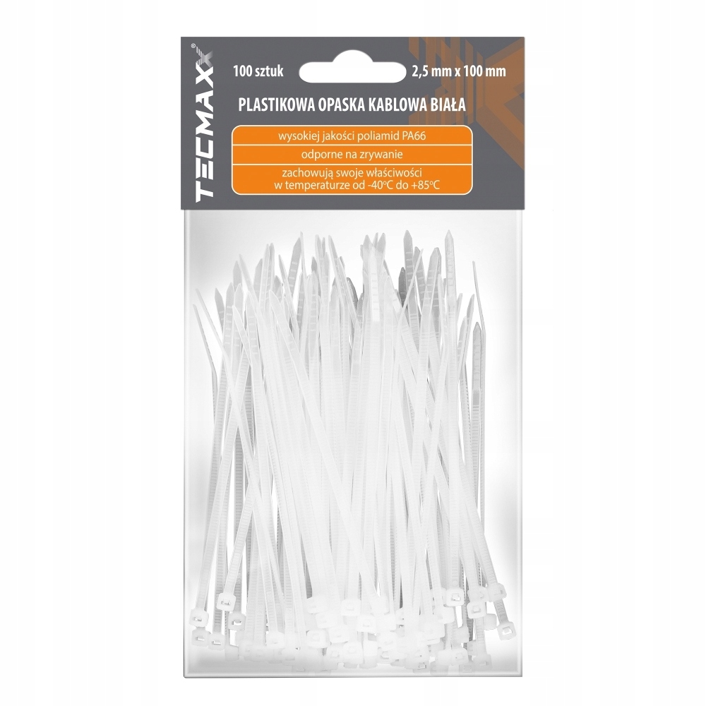 Opaska Kablowa Plastikowa 2.5mm x 100 Tecmaxx Biała 100 sztuk