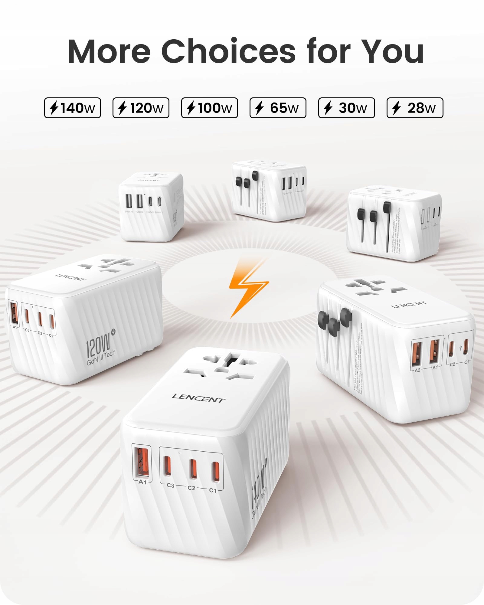 LENCENT Adapter Podróżny 140W GaN3 Uniwersalny z 3x USB C i 1x USB A — miniatura 6
