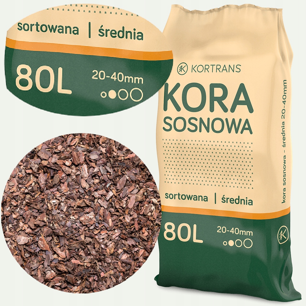 KORA SOSNOWA OGRODOWA 20-40MM 80L ŚREDNIA SORTOWANA PRZESIEWANA KORTRANS Pojemność 80 l