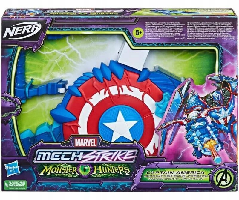 PISTOLET NERF TARCZA KAPITAN AMERYKA STRÓJ MARVEL + MAGAZYNEK 20x STRZAŁKI Efekty ruchowe