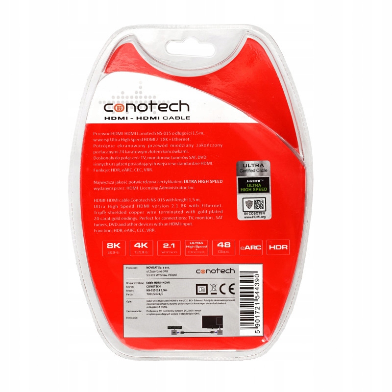 Przewód Kabel HDMI 2 m 2.1 4K 8K certyfikat 120Hz Złącza HDMI - HDMI