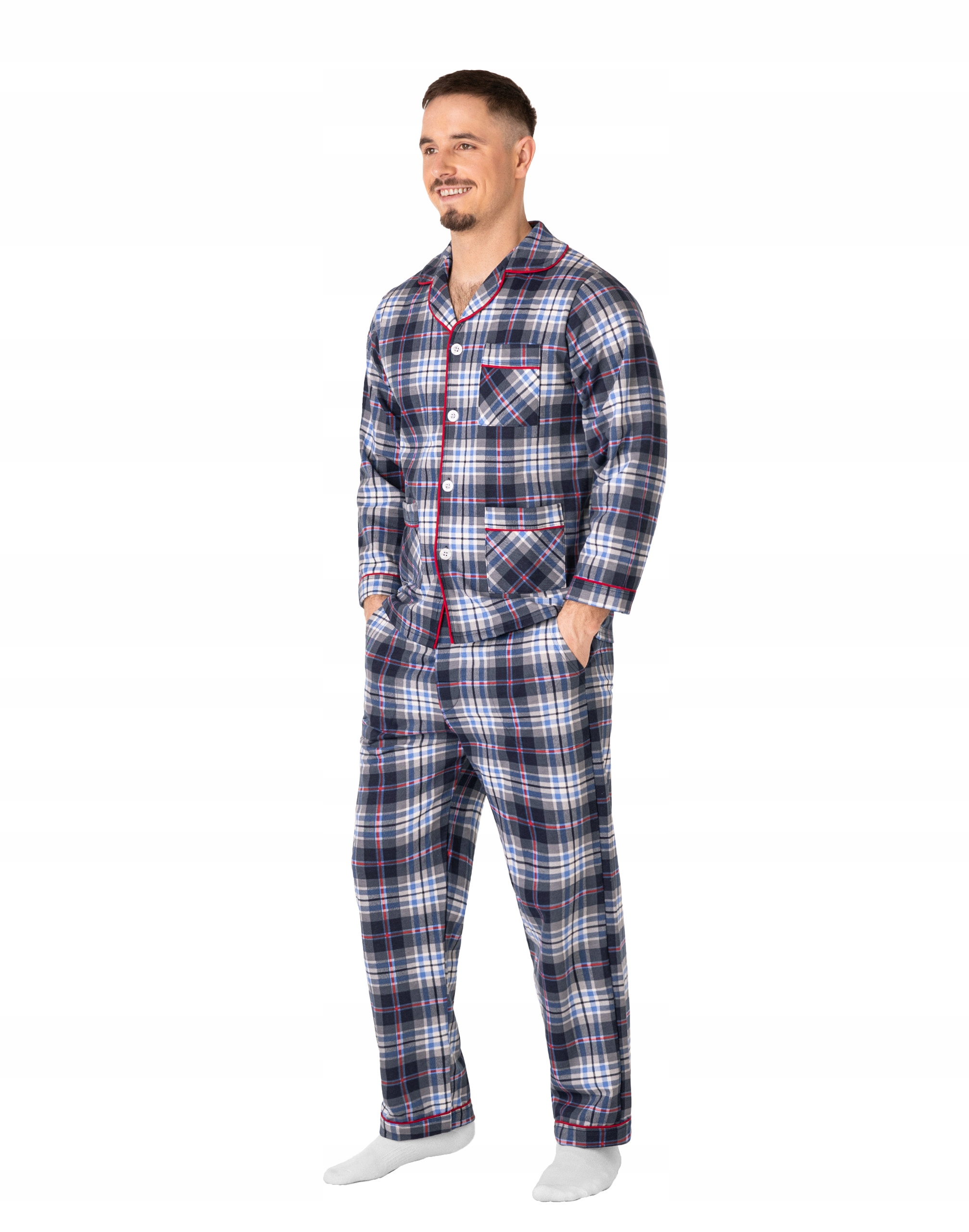 Ciepła Piżama Męska Flanelowa Bawełniana Rozpinana Koszula Spodnie 036 XXL