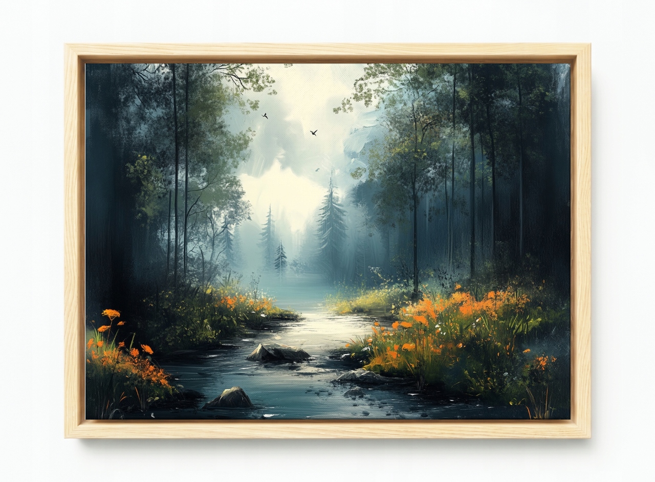 Obraz Rám Americký Box Příroda Krajina Les Řeka Potok Květiny Mlha 60x40