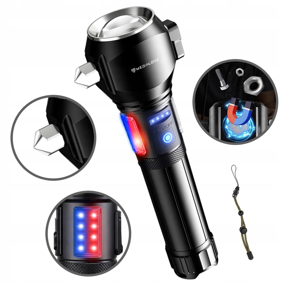 Latarka Taktyczna Led zbijak do szyb Zoom akumulator 6000mAh Power-Bank