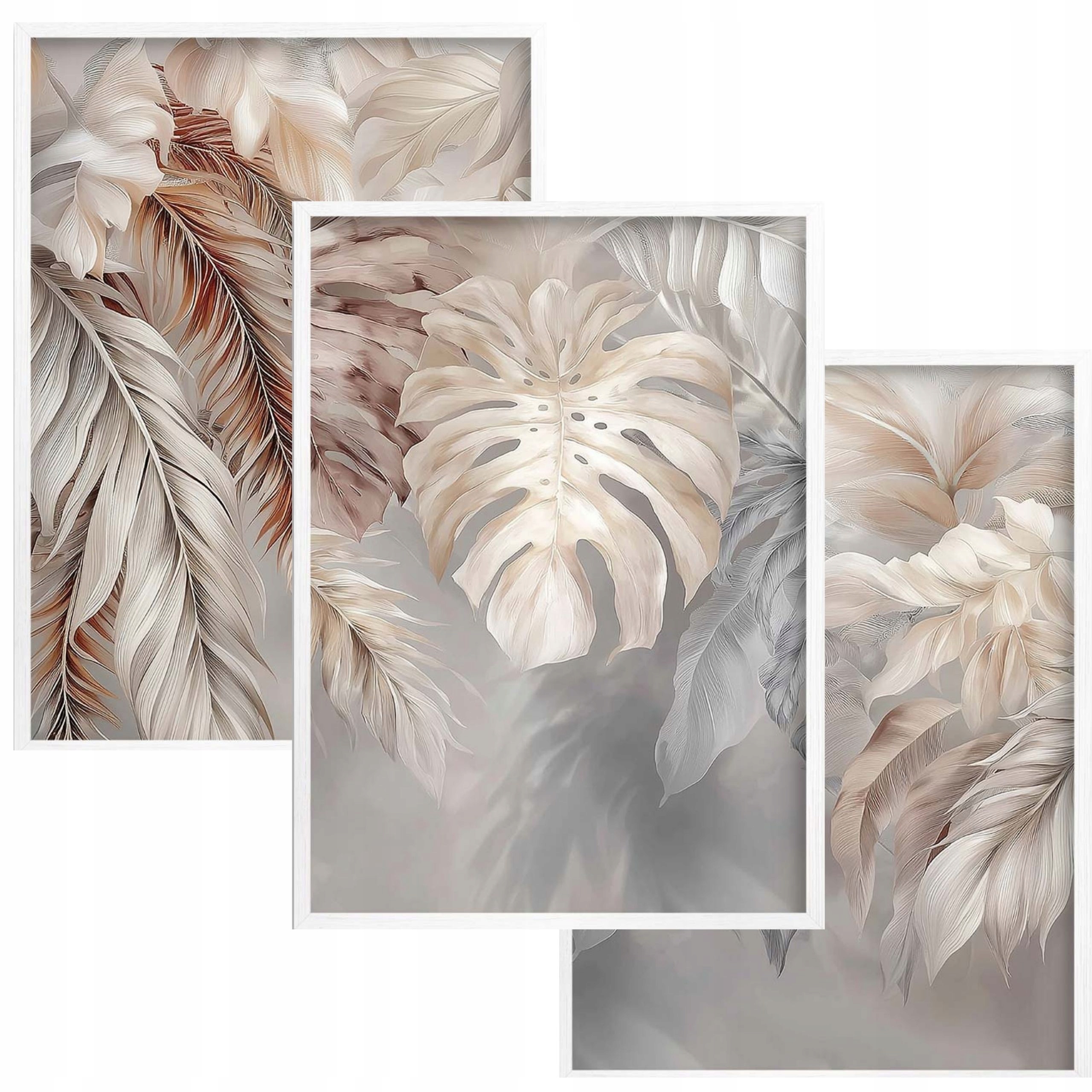 Plakaty na ścianę do sypialni Zestaw Plakatów Tryptyk boho Liście Beż Ecru