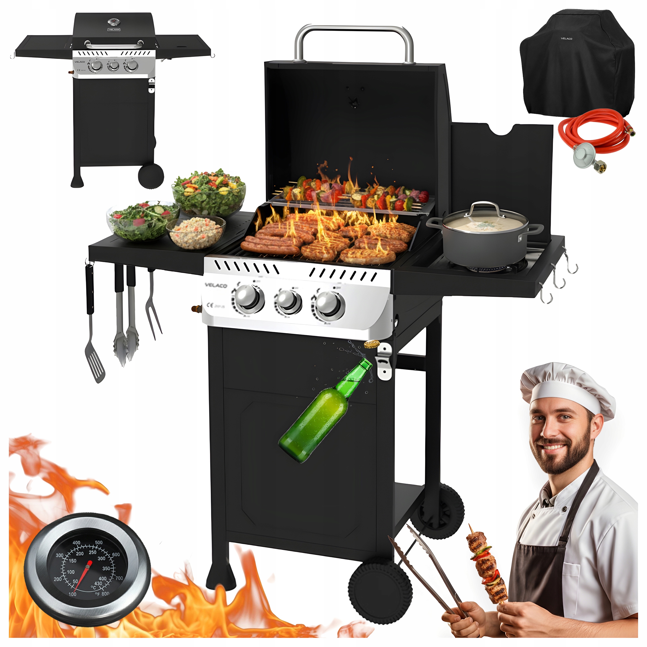 Grill Ogrodowy Gazowy Z Pokrywą I Półkami Ruszt Żeliwny 8,5 Kw Pokrowiec