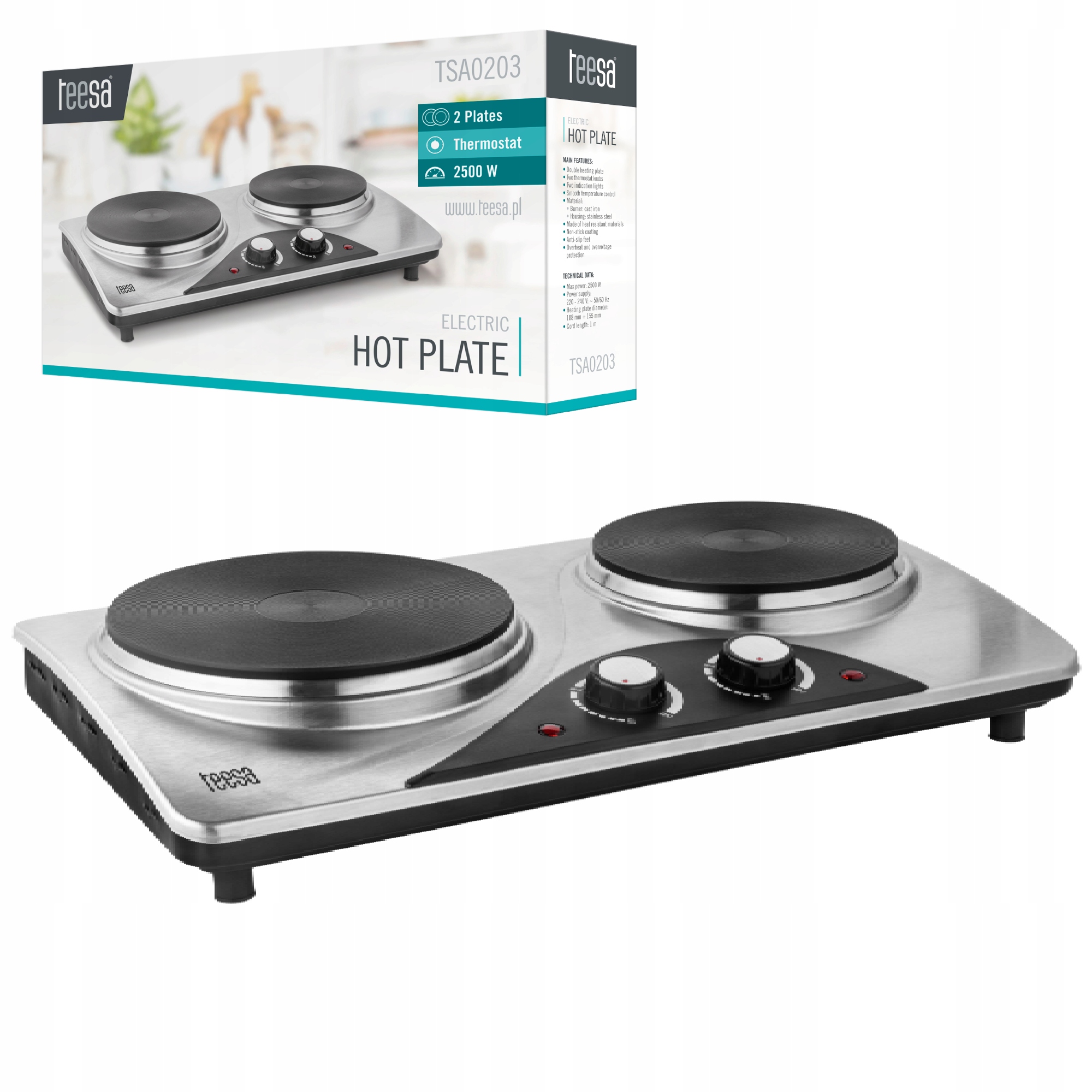 Kuchenka elektryczna dwupalnikowa przenośna turystyczna Teesa 2500 W