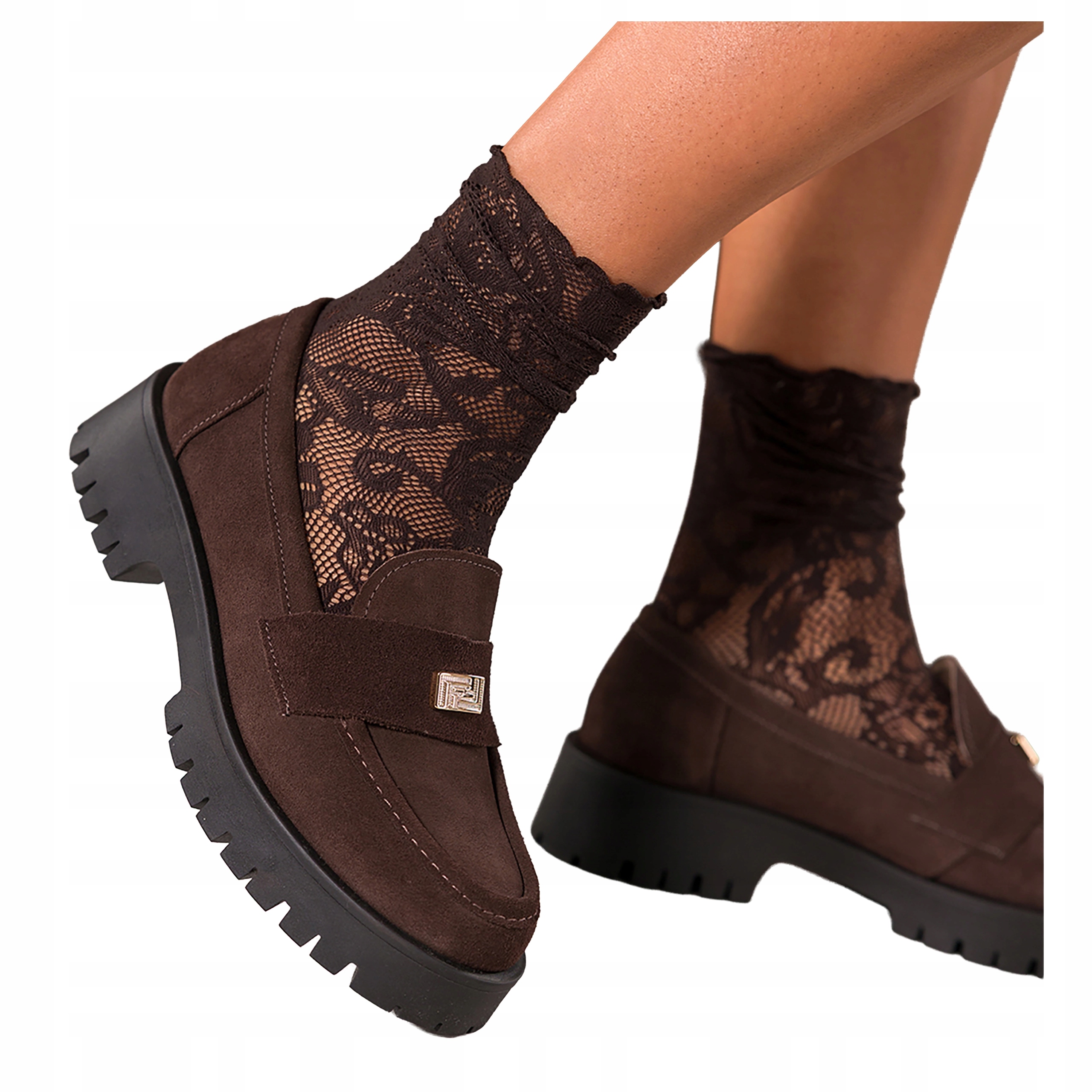 Čokoládové Mokasíny Dámské Módní Na Platformě Zlatá Ozdoba Kožená vel 40