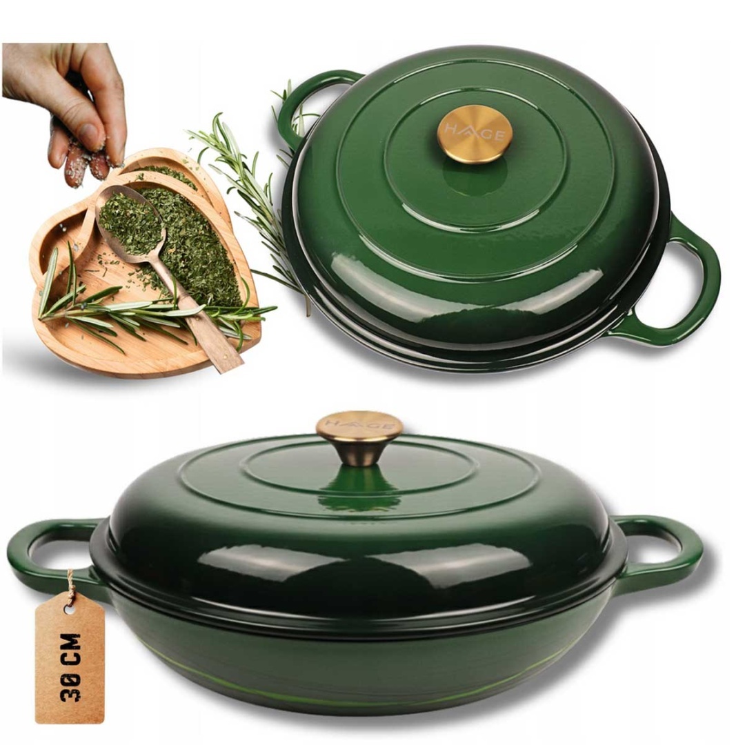 Smaltovaný Hrniec Liatinový Plochý 30 cm 3L Hage Zelený