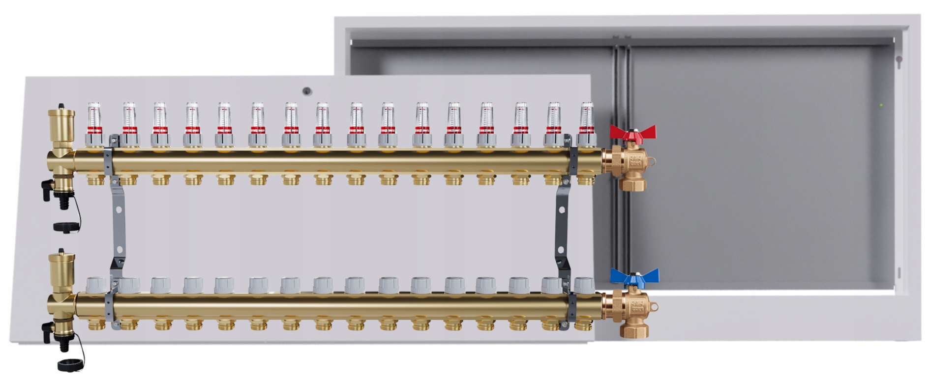 Mosazný rozdělovač podlah 16 okruhů nástěnná skříňka Kulový Kohout