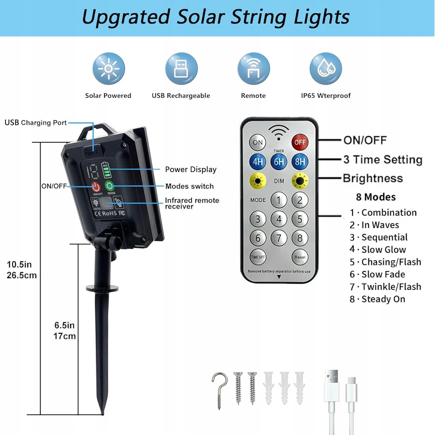 LITARK Solarna Girlanda Zewnętrzna 20 Żarówek 10m 100 LED Pilot USB — miniatura 7