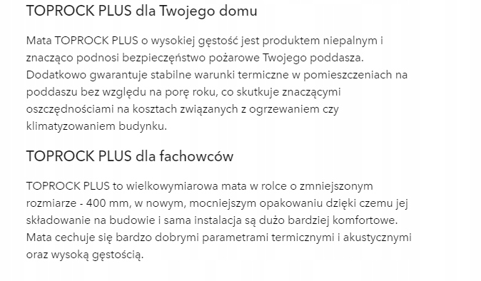 WEŁNA SKALNA TOPROCK PLUS 0,039 GR 15 CM Opakowanie 3 m²