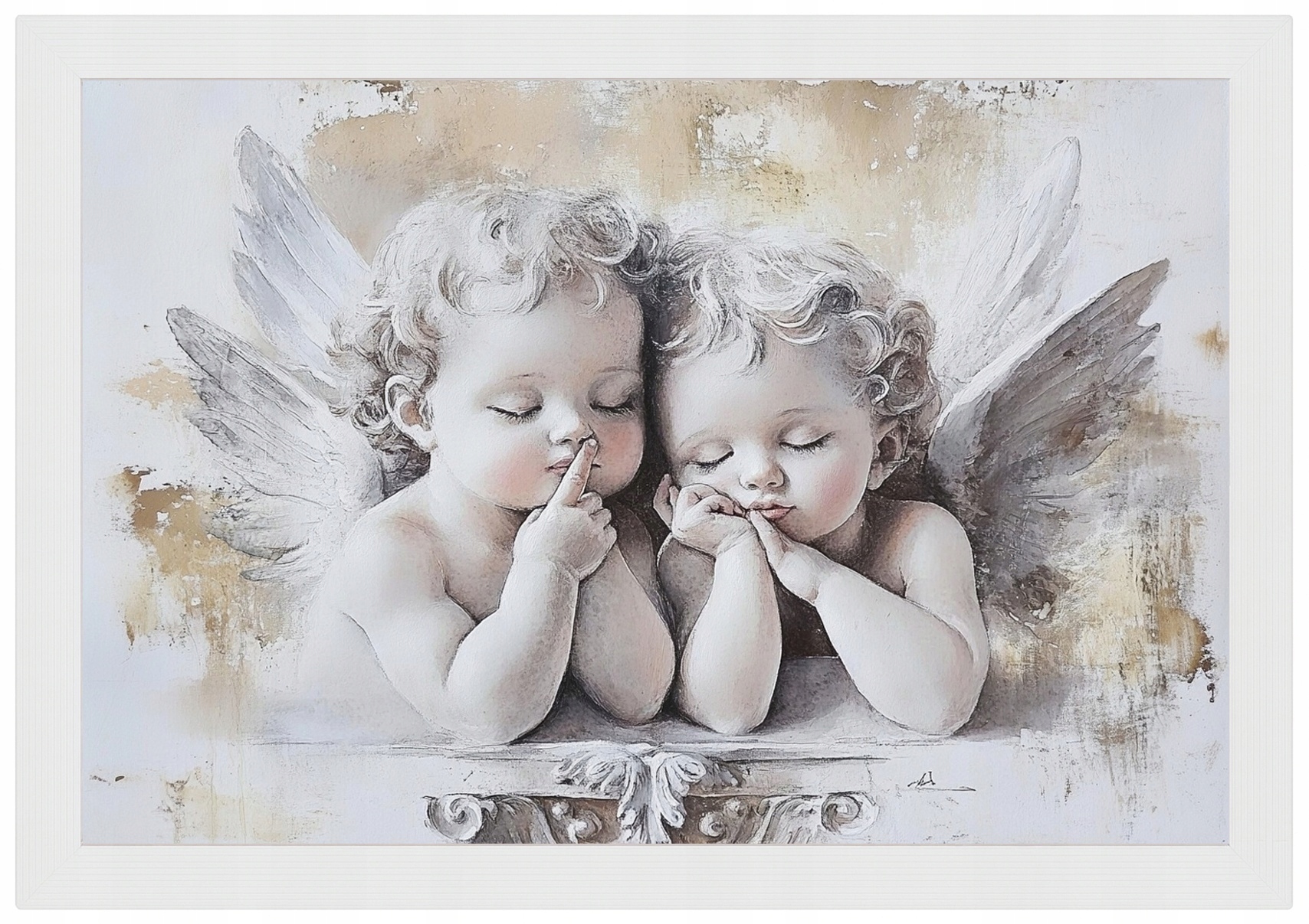Plakát Rámeček Dřevo Portrét Socha Anděl Cherubín Dítě Spánek 93x62