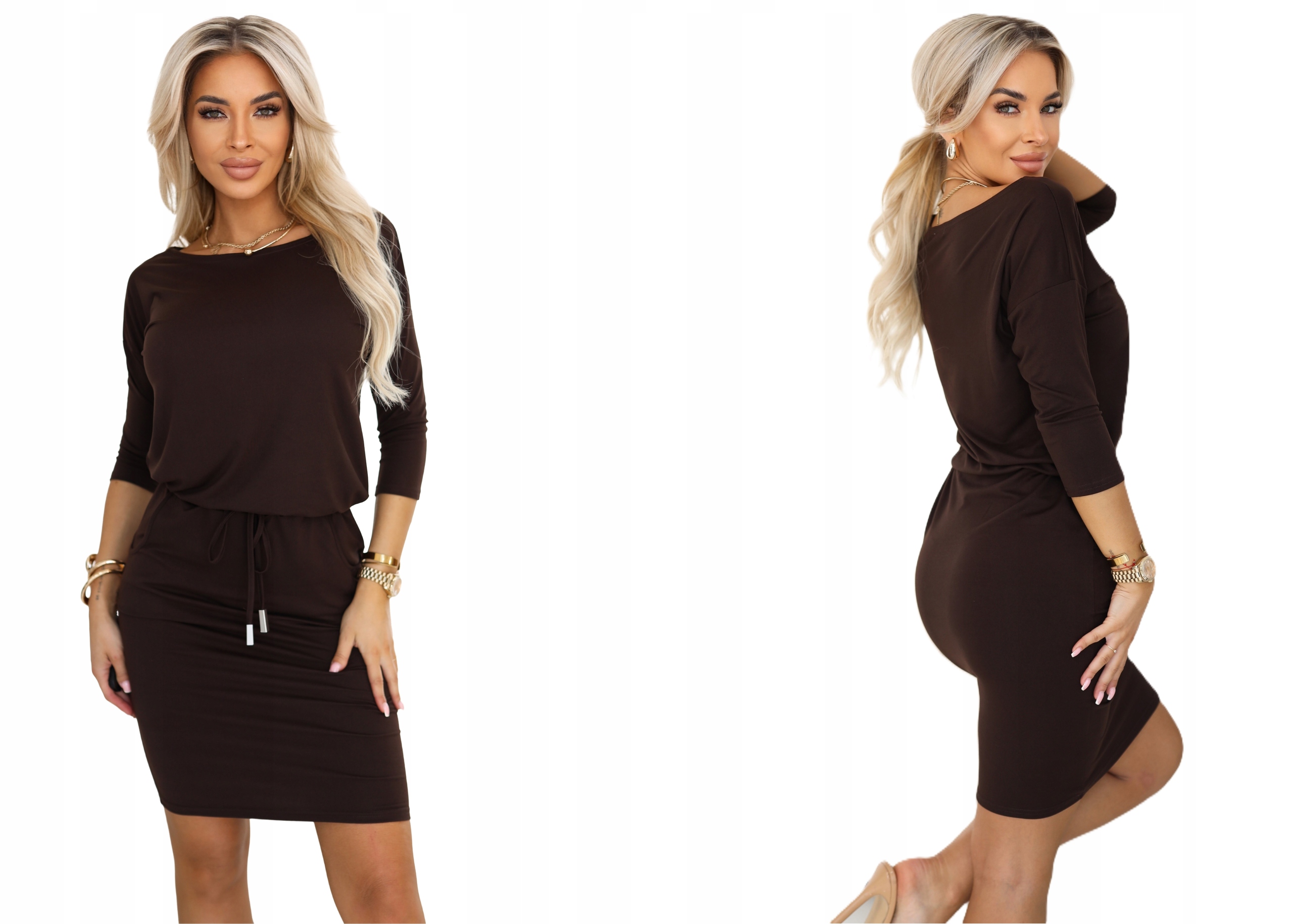 Sportovní Volné Šaty Se Zavazováním V Pase V Podzimní Teplé Hnědé Barvě S