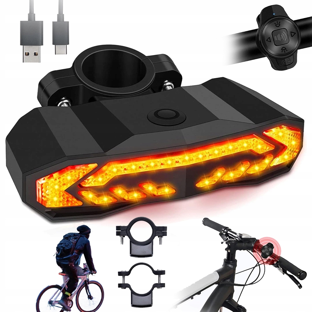 Světlo Na Kolo Zadní Led Směrovky Alarm Zvuk 6 Režimů 1500 Mah Dálkové Ovládání