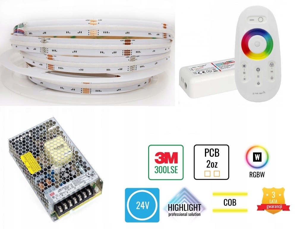 5m Zestaw LED sufitowy COB 896chips 16W 24V RGBW