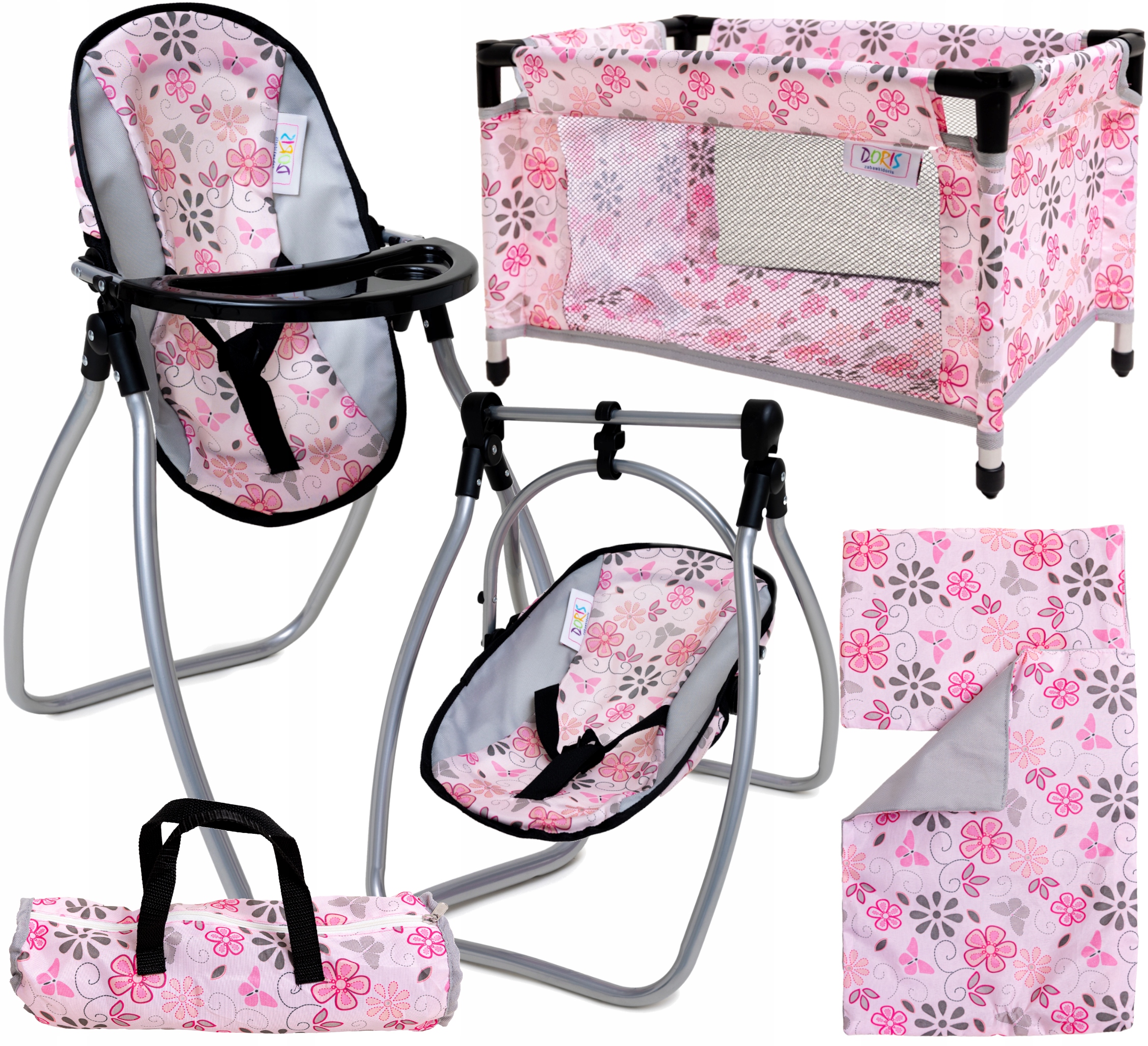 ZESTAW DLA LALEK KRZESEŁKO DO KARMIENIA + ŁÓŻECZKO NOSIDŁO POŚCIEL