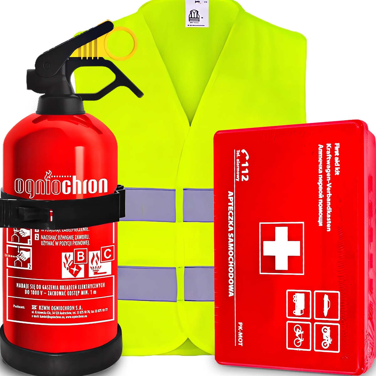 ZESTAW DO SAMOCHODU GAŚNICA samochodowa 1KG KAMIZELKA ostrzegawcza APTECZKA