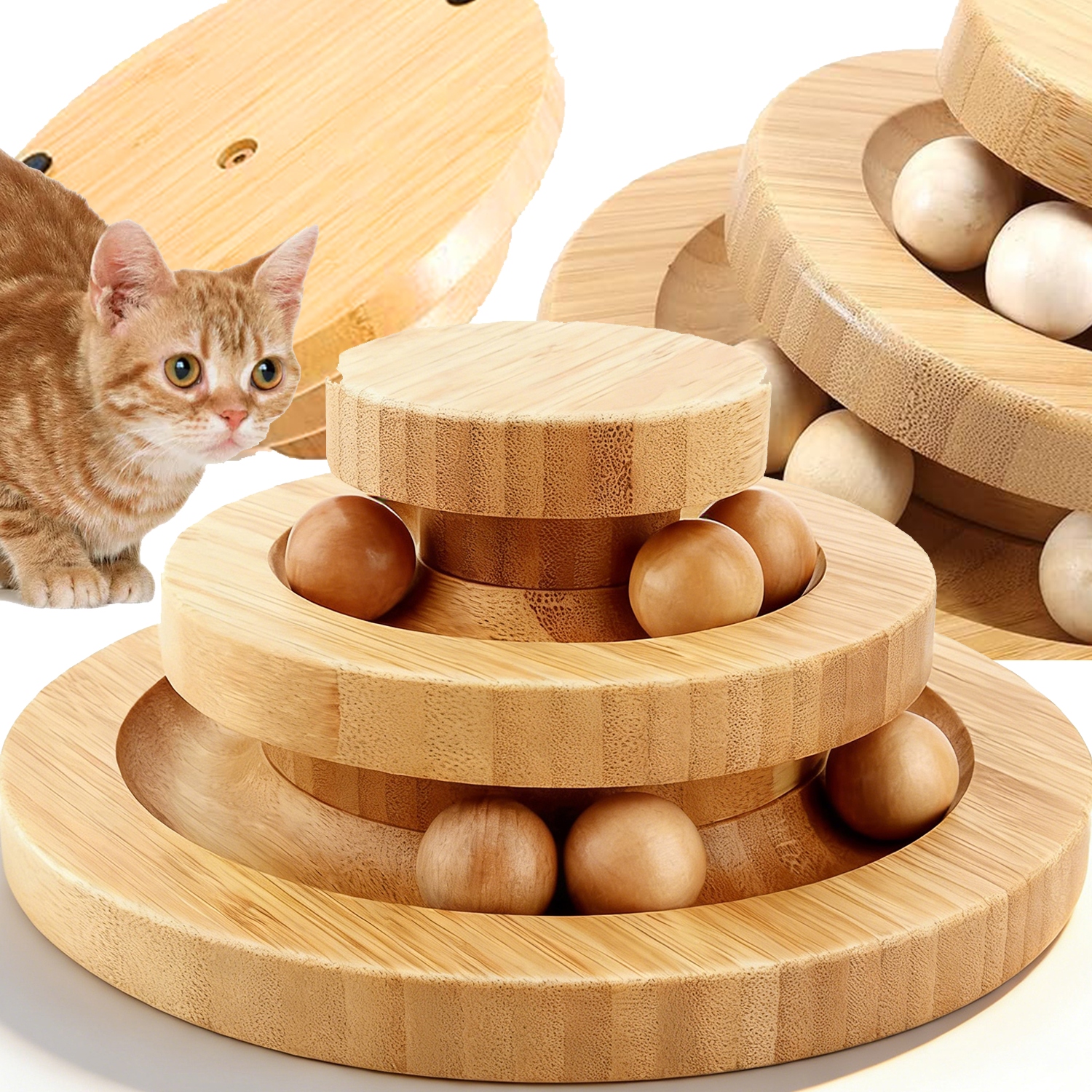 Levně Dřevěná Hračka Pro Kočky Věž S Míčky, 3 Úrovně Zábavy