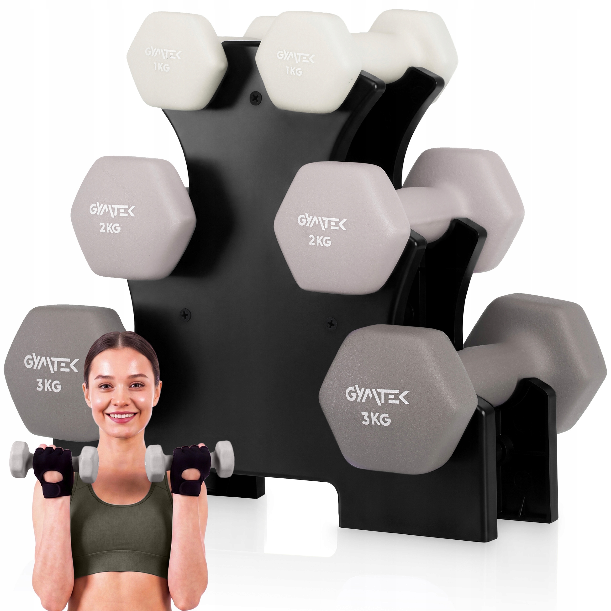 Zestaw Hantli Stojak Hantelki Neoprenowe Ciężarki Do Ćwiczeń 1-2-3KG Gymtek