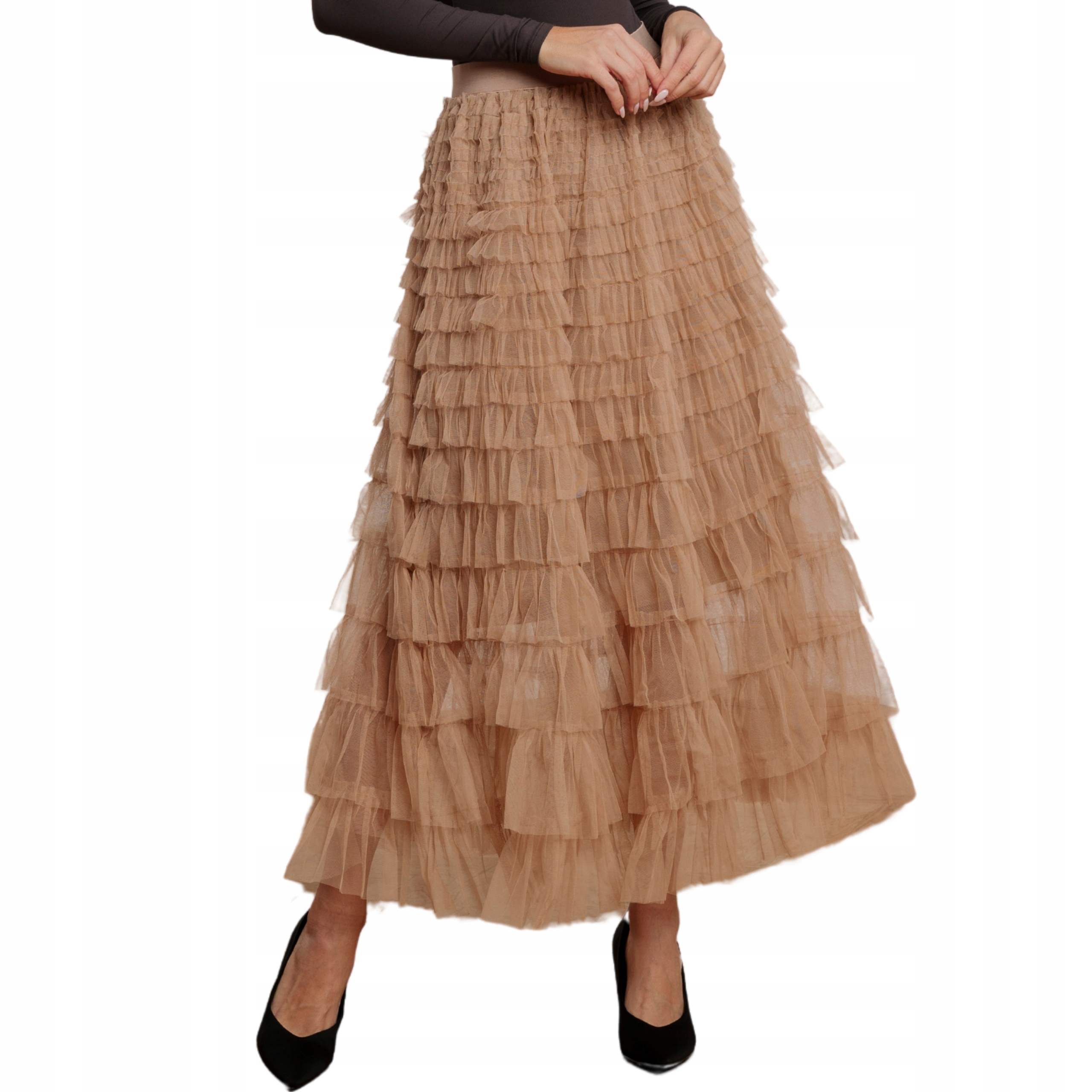 Sukně tylová dlouhá na gumě maxi volány bohatá glamour béžová Uni