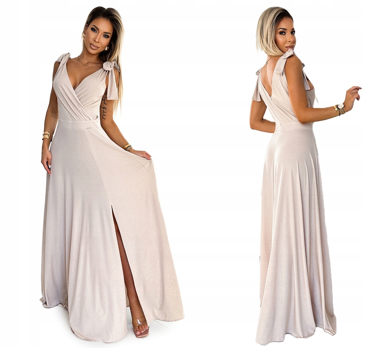 Dlouhé Šaty Na Oslavu Plesu S Mašličkou Na Ramenou, Béžová Se Třpytkami