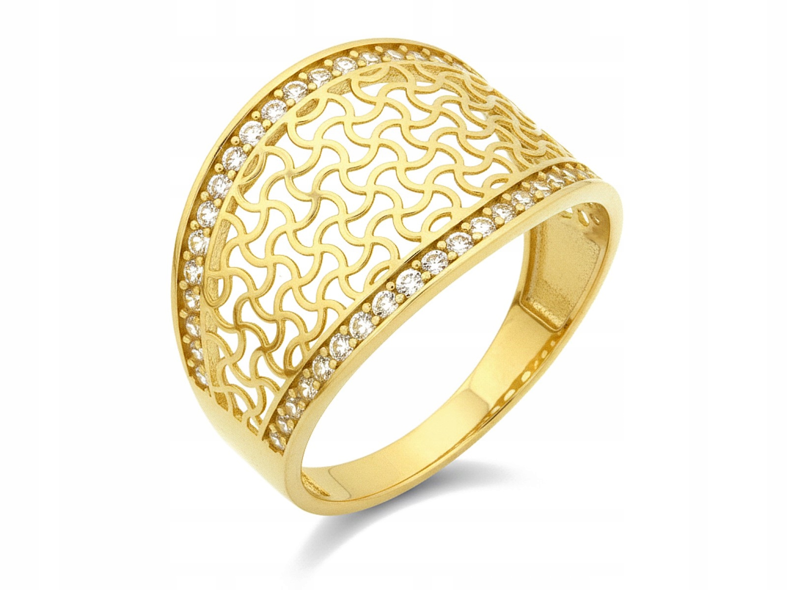 Široký zlatý prstýnek 585 Ažurový 2,23g s bílými zirkony 15r