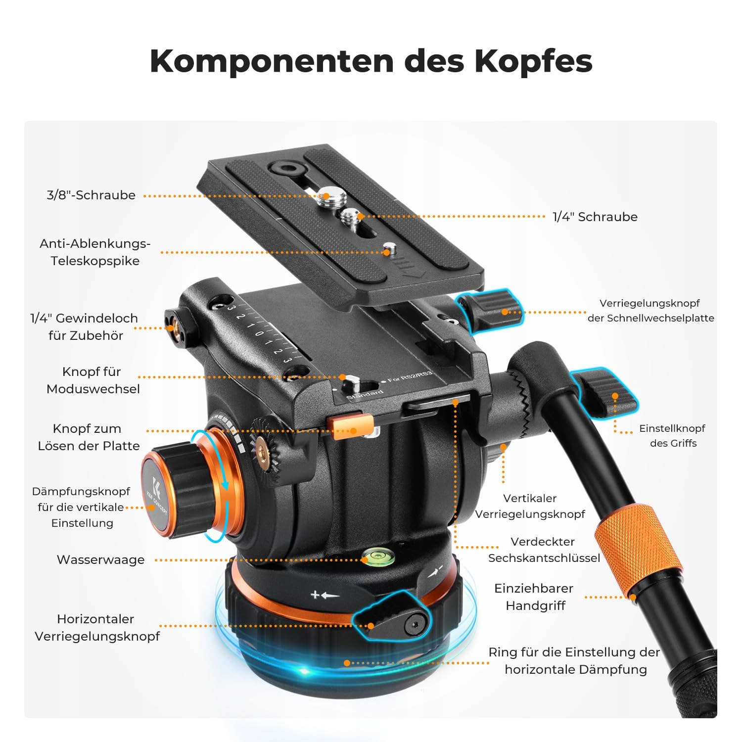 K&F CONCEPT Statyw Video 191cm 360° Głowica Fluidowa DSLR Camcorder 10kg — miniatura 4
