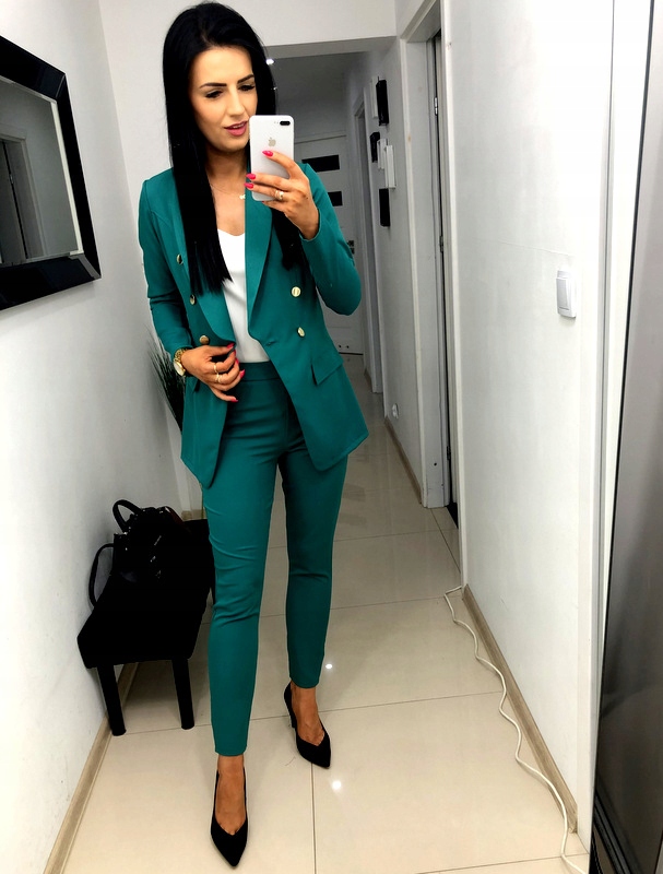Damski Garnitur Garnitury Damskie Komplet marynarka spodnie Zielony S Materiał dominujący poliester