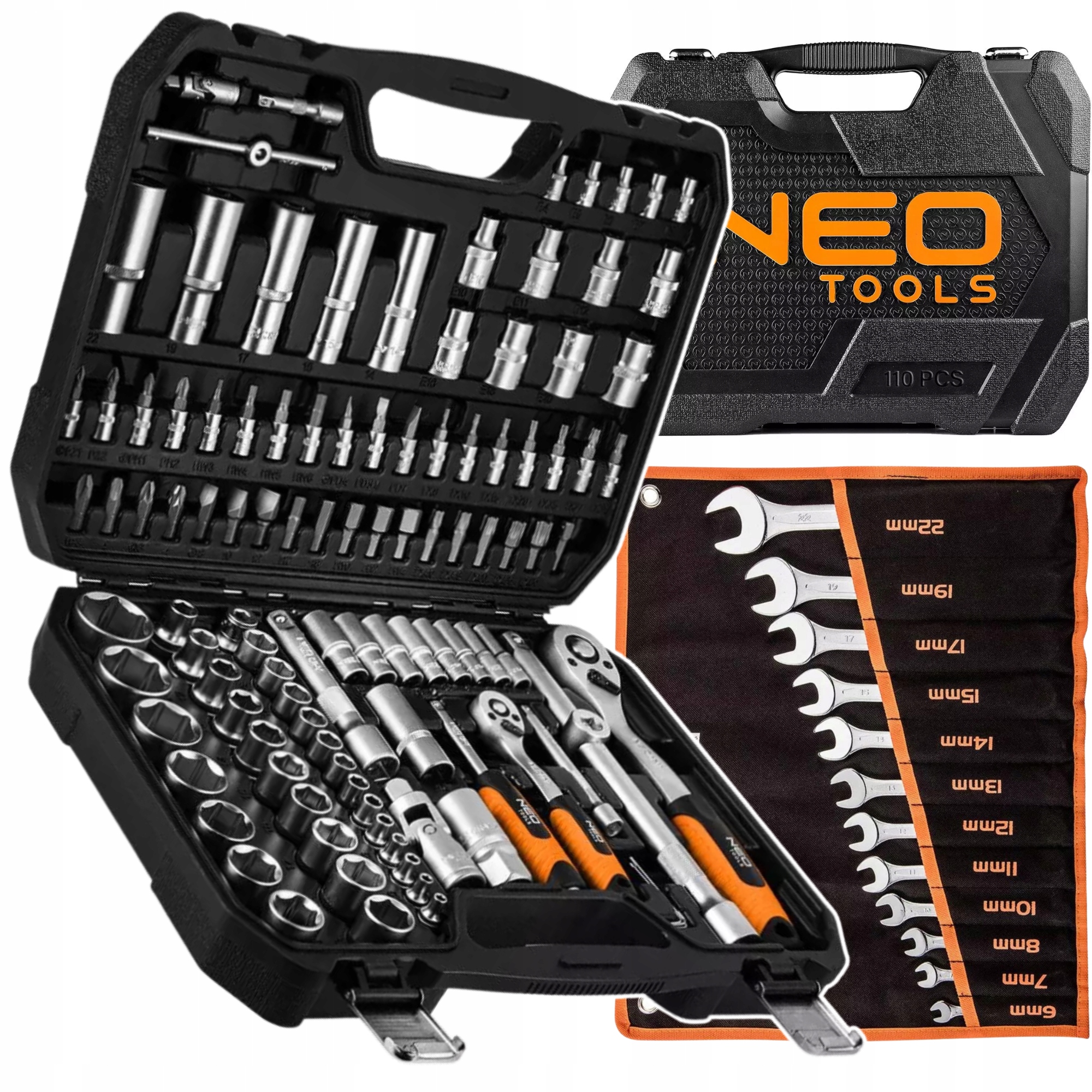 Neo Klucze Nasadowe 110 el. 1/4 1/2 Walizka Klucze Płasko Oczkowe 12 szt.