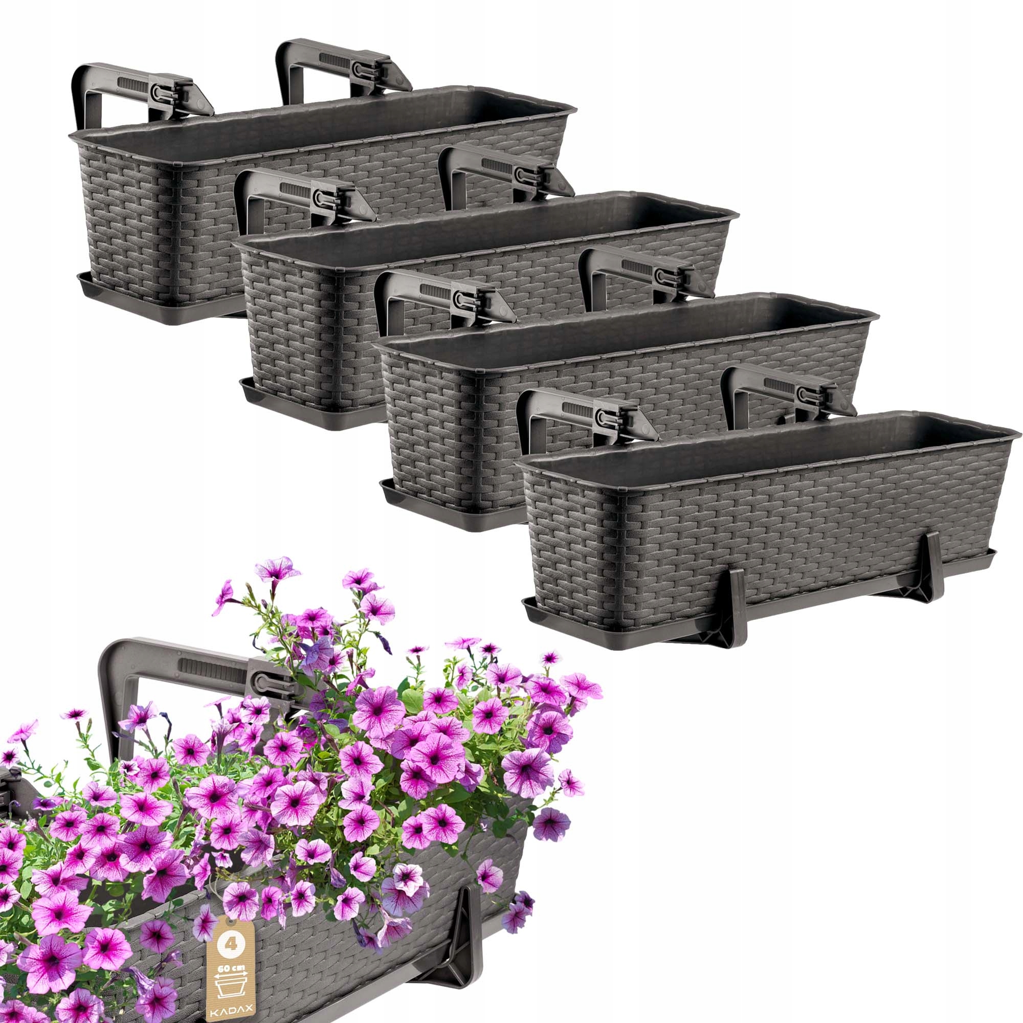 4x Balkonový Truhlík 60 cm Květináč Ratanové Krabice Úchytky Podstavec Bronz