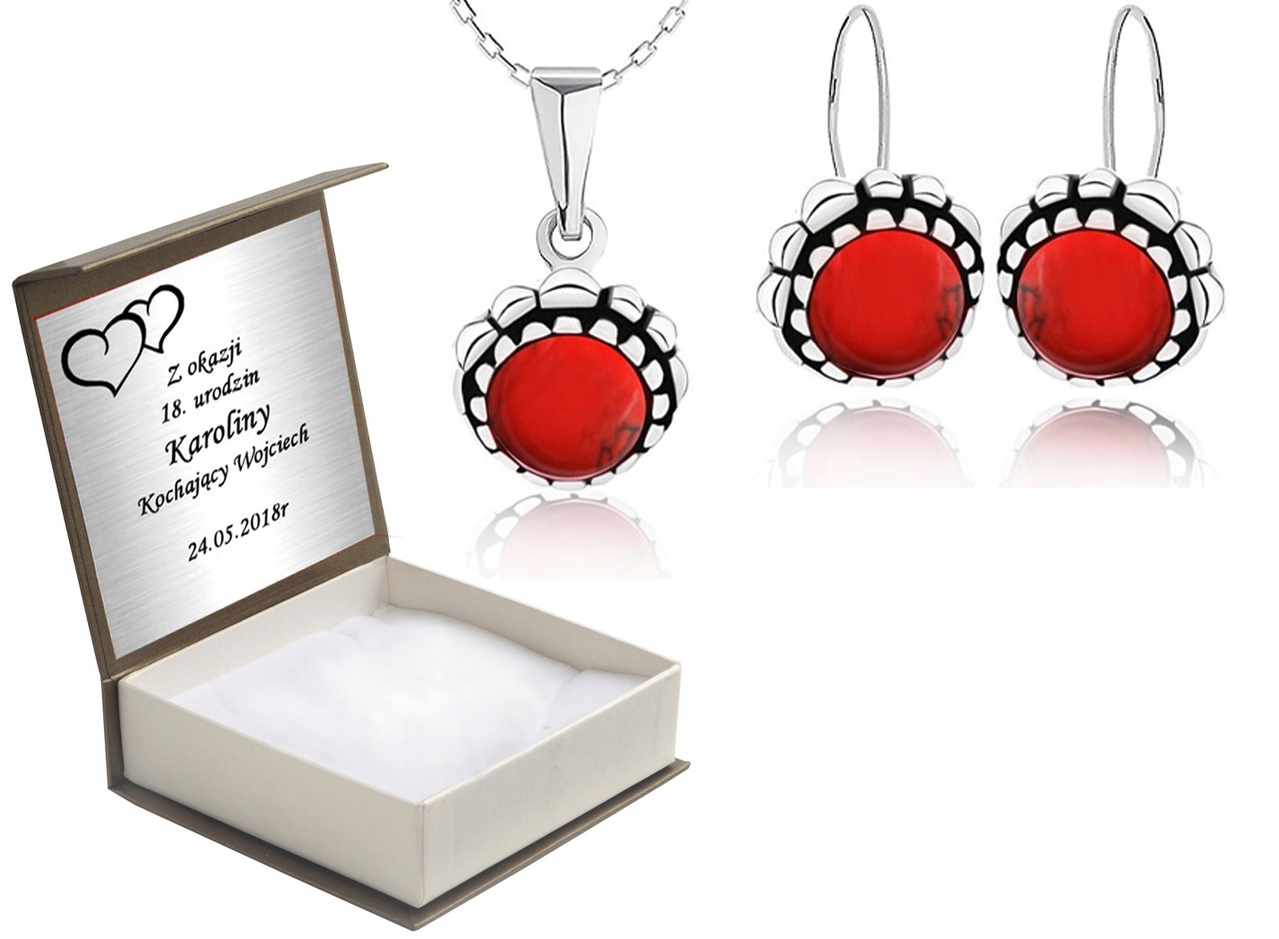 

Komplet Biżuterii Srebrnej Z Koralami + Grawer